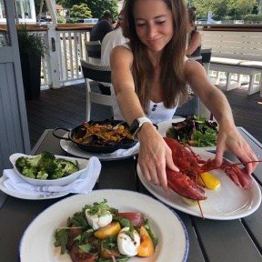 Jackie eating lobster from Rowayton Seafood