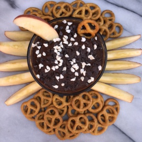 Brownie Batter Dip with fruit and GF pretzels