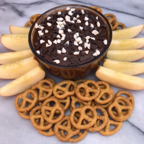 Brownie Batter Dip with pretzels and apples