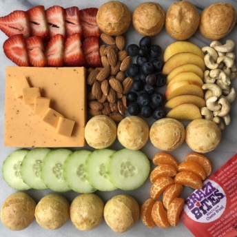 Gluten-free platter with Brazi Bites, veggies, fruit, cheese