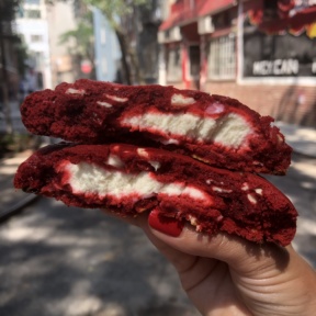 Stack of Cream cheese stuffed red velvet cookie from Posh Pop
