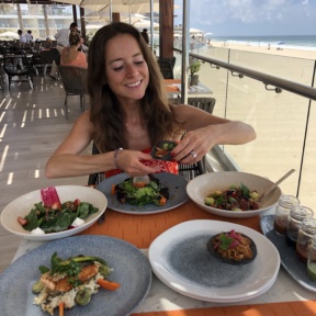 Jackie eating tacos at Blanc Ocean