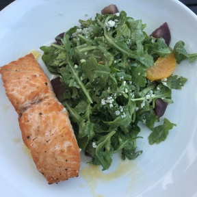 Gluten-free salmon on salad from Harbor Lights