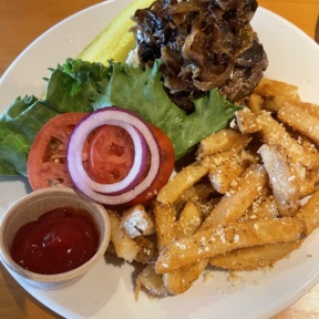 Gluten-free burger with truffle fries from Hobbs Tavern