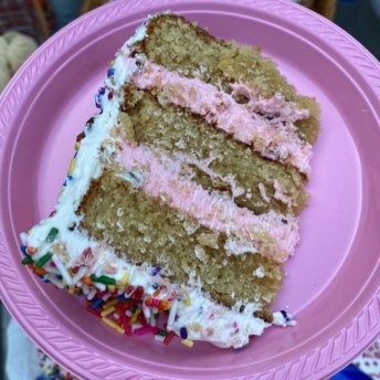 Slice of gluten-free gender reveal cake