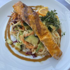 Gluten-free mango glazed salmon from The Boathouse at Saugatuck