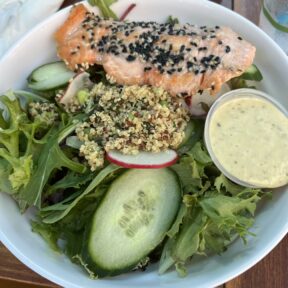 Gluten-free salmon on salad from The Charlie Noble in Nantucket