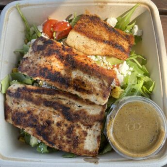 Gluten-free mahi mahi on salad from Surfside Taco Stand in Nantucket