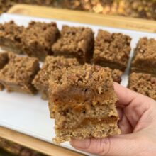 Gluten-free pumpkin pecan crumble bars on a platter